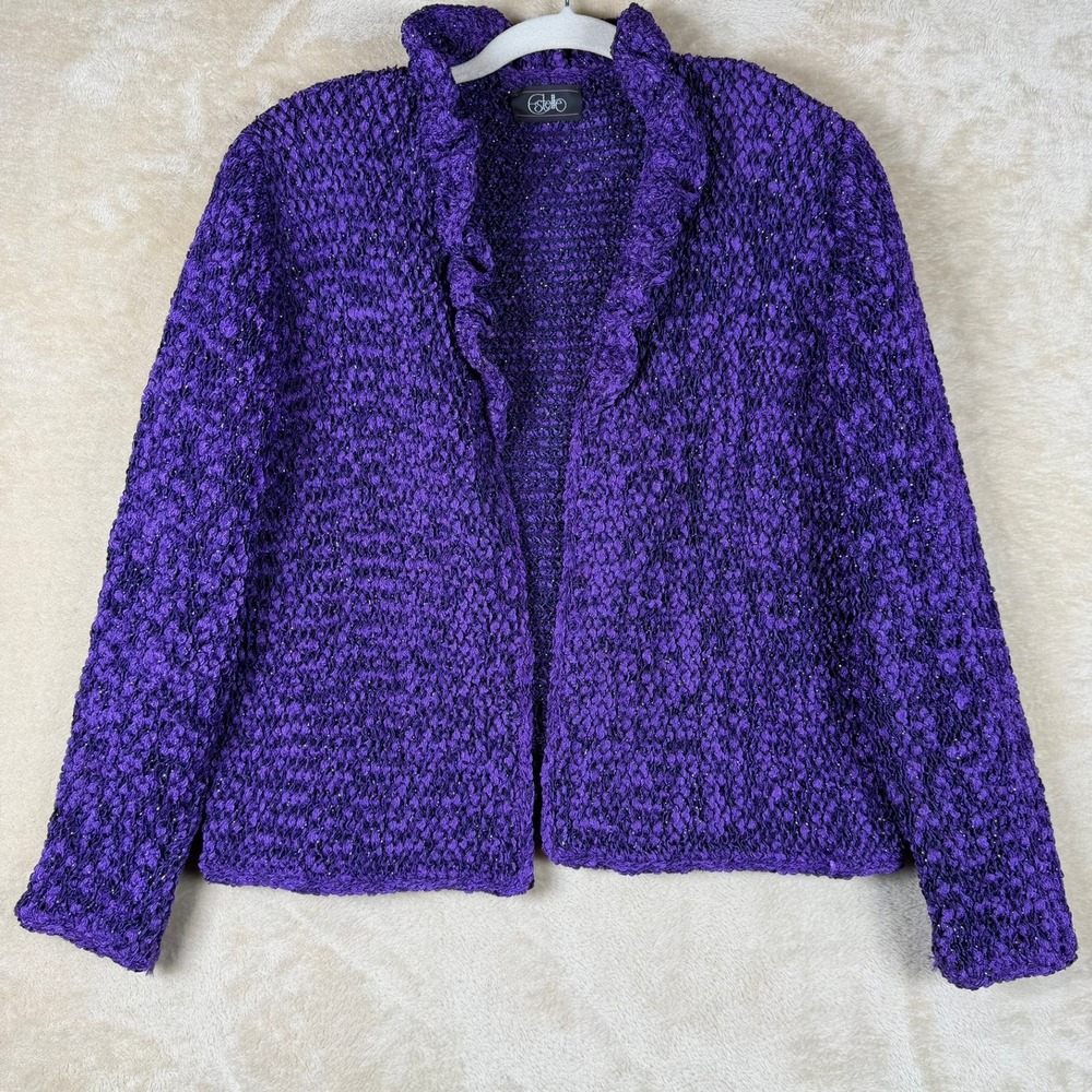 Vintage Estelle Womens Sm Purple Textured Metallic Knit Ruffle Open Front Jacket